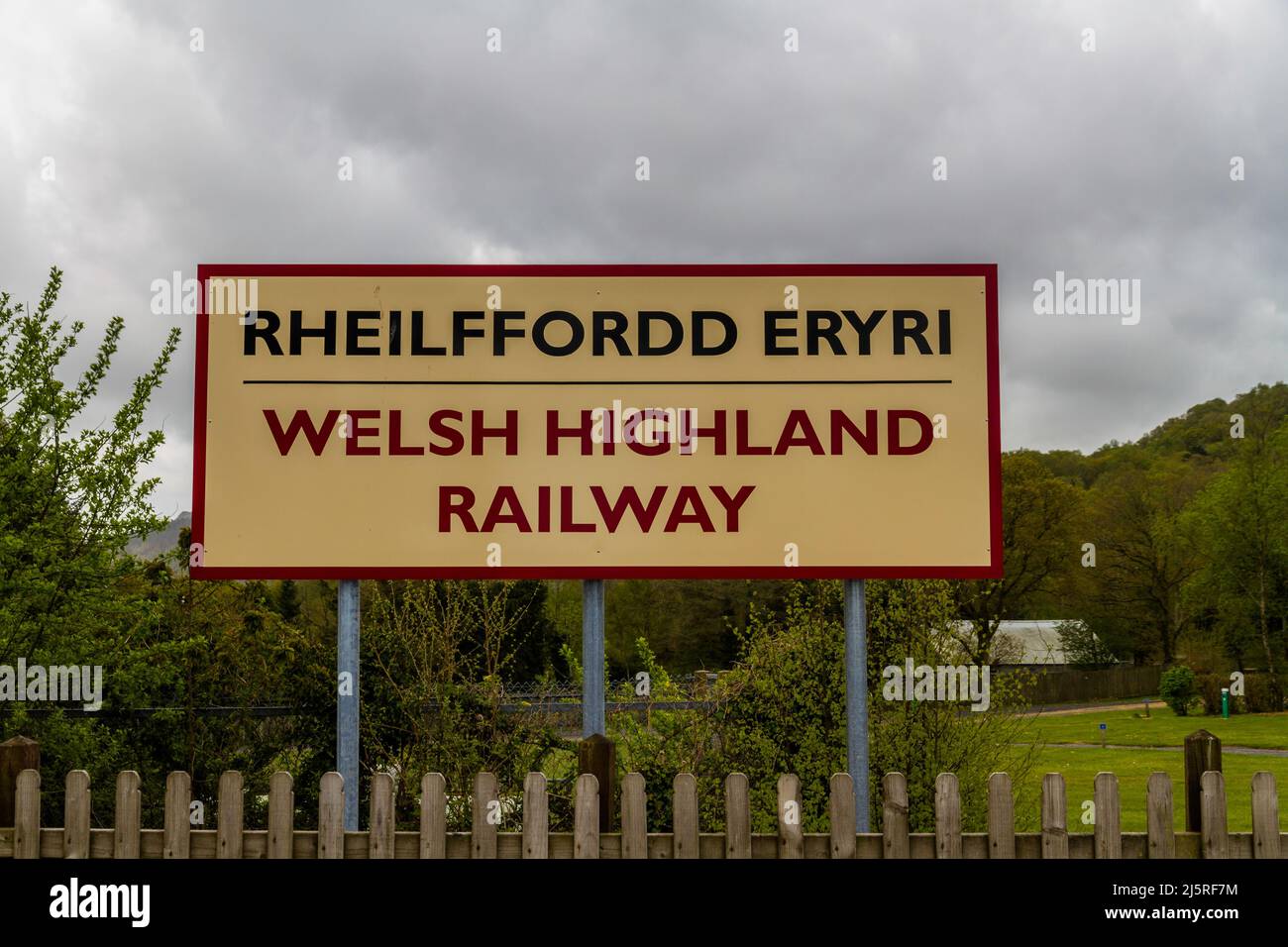 Sign for the Welsh highland railway, narrow gauge heritage railway in North Wales. Stock Photo