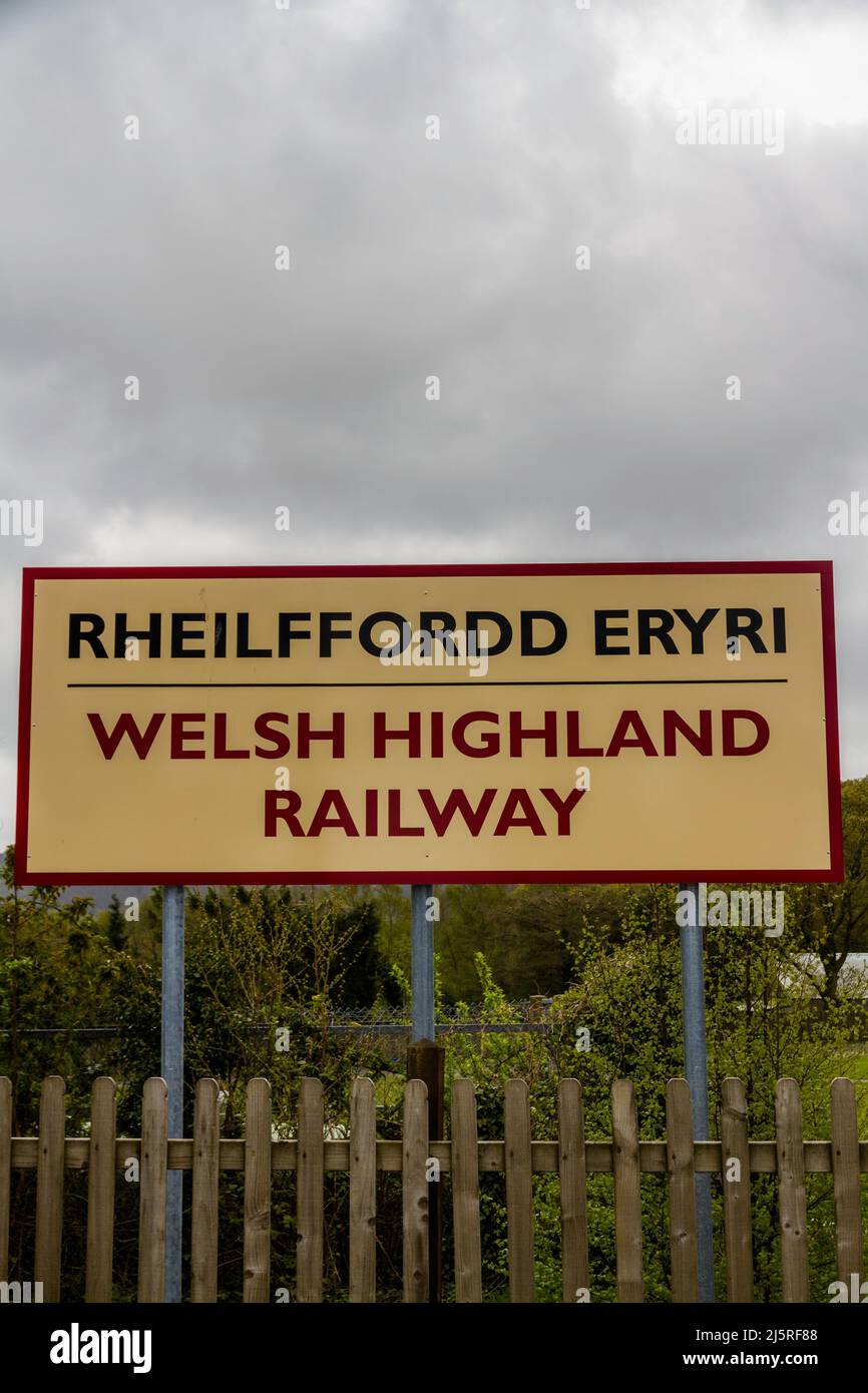 Sign for the Welsh highland railway, narrow gauge heritage railway in North Wales, portrait Stock Photo