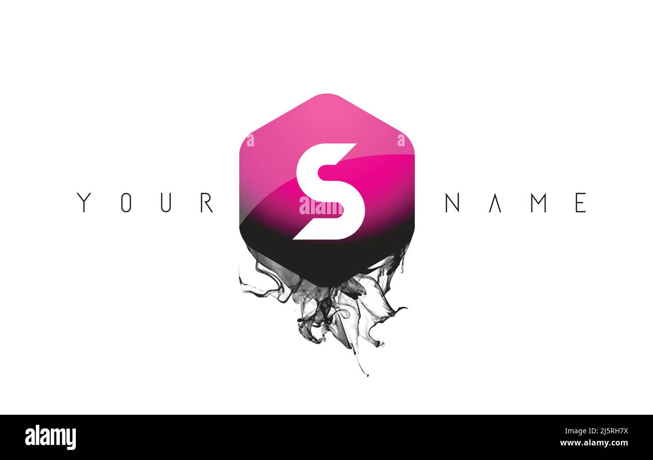 Purple Glossy Shape S Black Ink Letter Logo Design with Rounded Hexagon ...