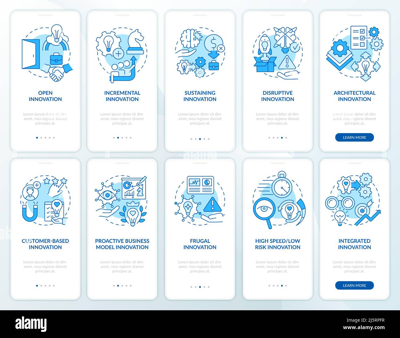 Innovation management system blue onboarding mobile app screen set ...