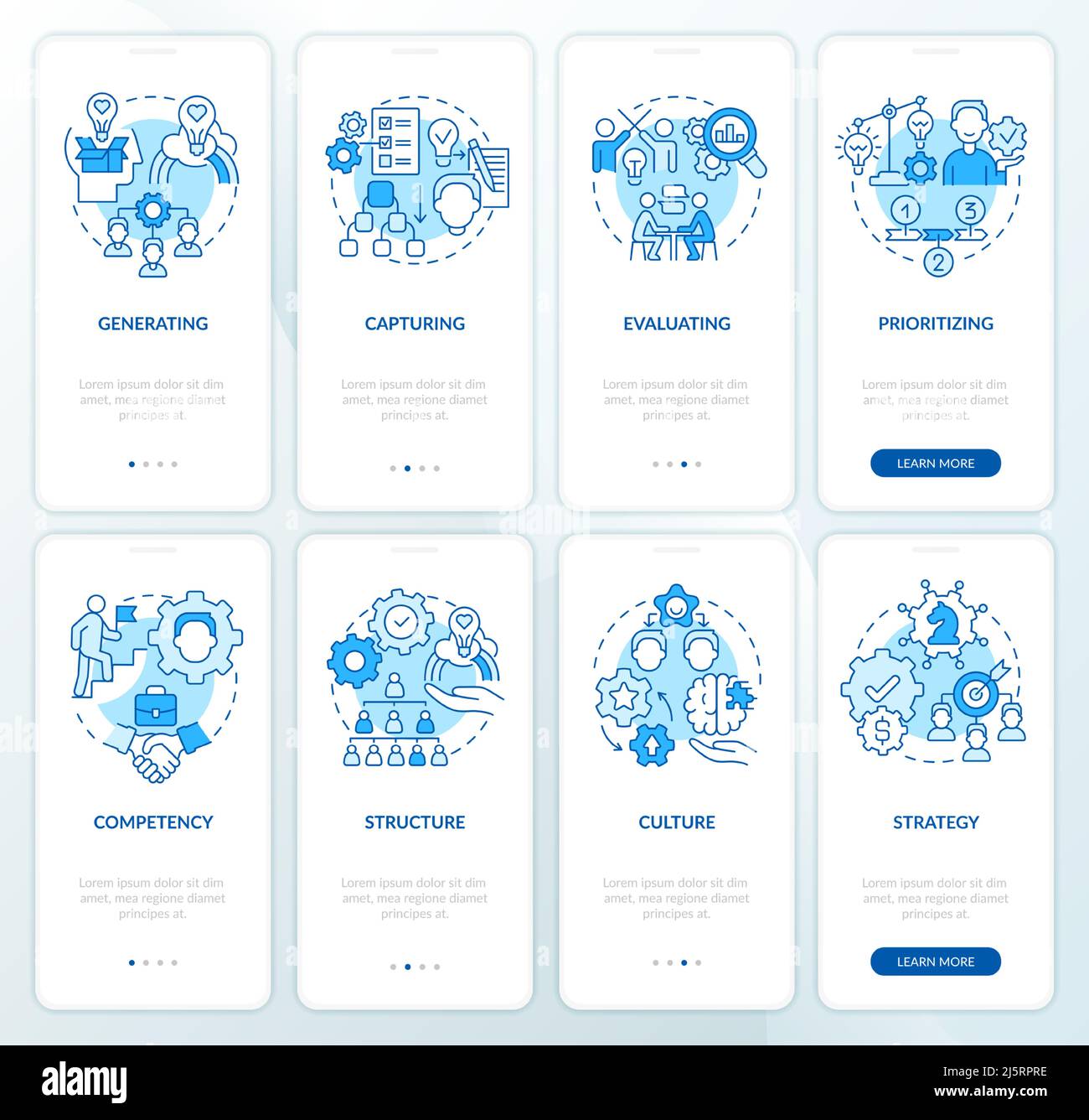 Innovation management structure blue onboarding mobile app screen set ...
