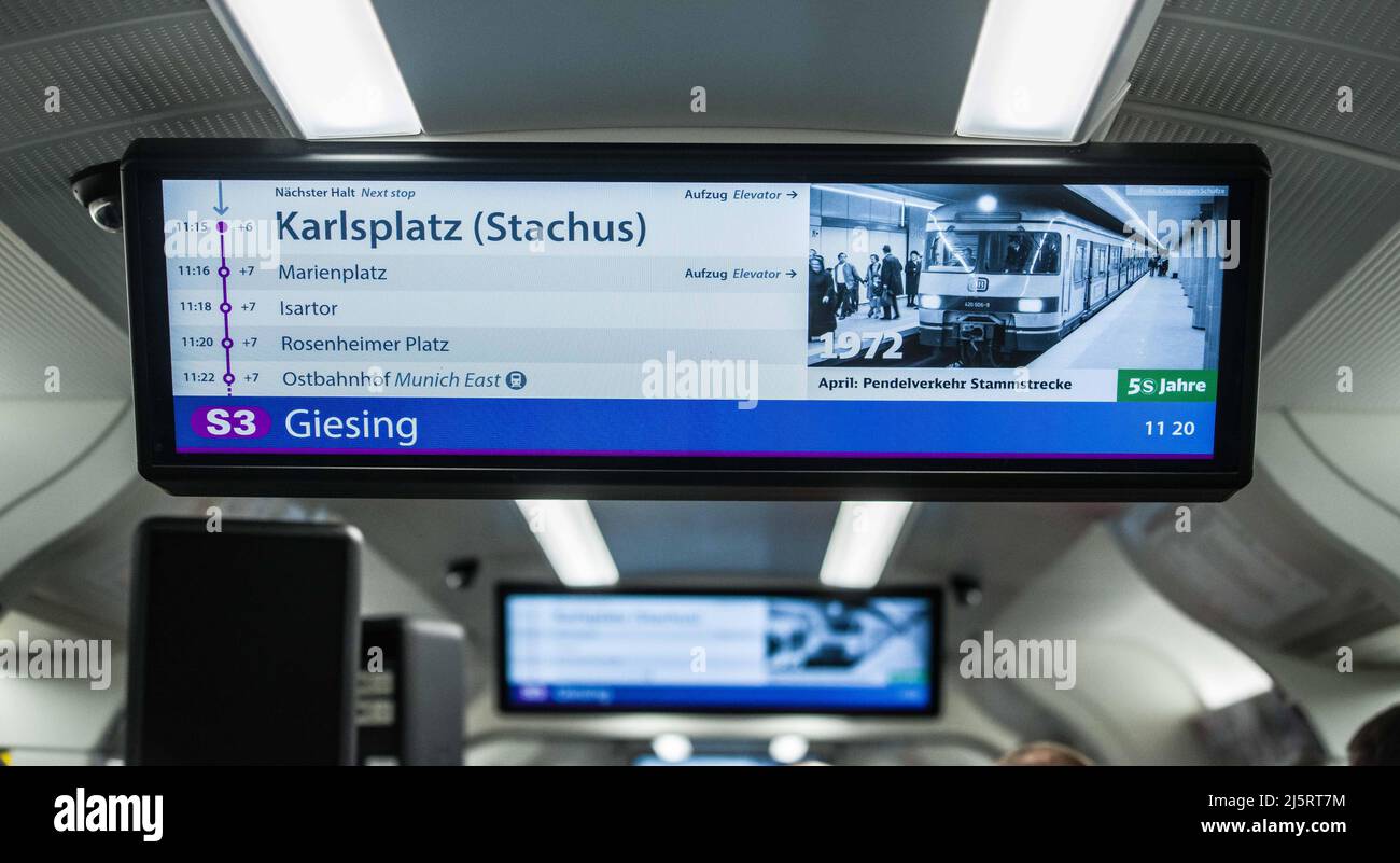 Munich, Bavaria, Germany. 25th Apr, 2022. The city of Munich, Germany celebrates fifty years of its S-Bahn (Schnellbahn) train system with CHRISTIAN BERNREITER, KLAUS-DIETER JOSEL, and Heiko BÃ¼ttner attending a conference and ride along from the Pasing to Giesing. The original S-Bahn Stammstrecke (core line) build between the Main and Central Train Stations began in 1966 and was ready for service on April 28, 1972- the year of the Munich Olympics. Currently, there is no other system in Europe that has the density of trains in their network that the Munich system has: 20, 9 million kilometers Stock Photo