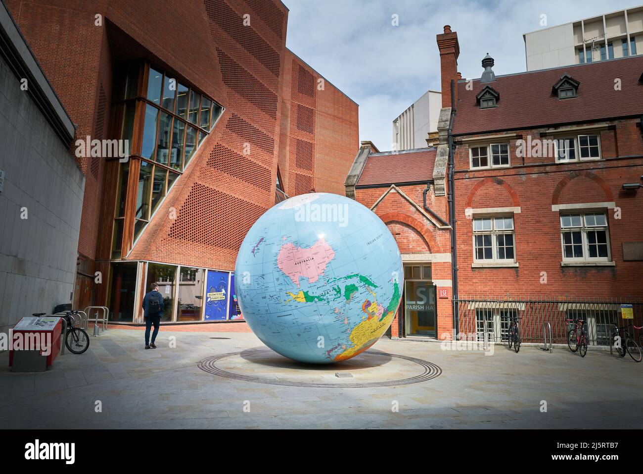 'World turned upside down' globe at the London School of Economics and
