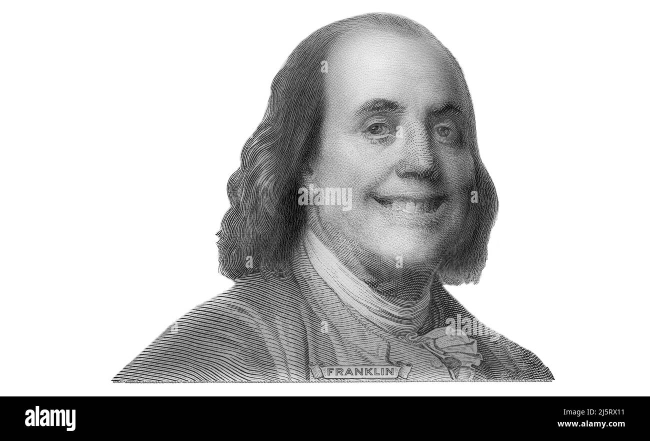 Benjamin Franklin cut on new 100 dollars banknote isolated on white background Stock Photo