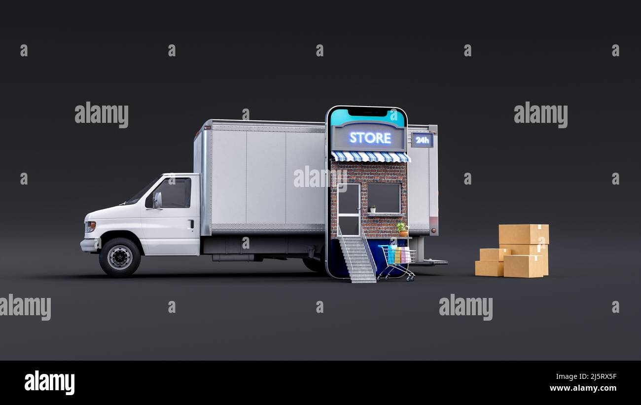 Smartphone buyer orders goods, delivery truck, city map, transport