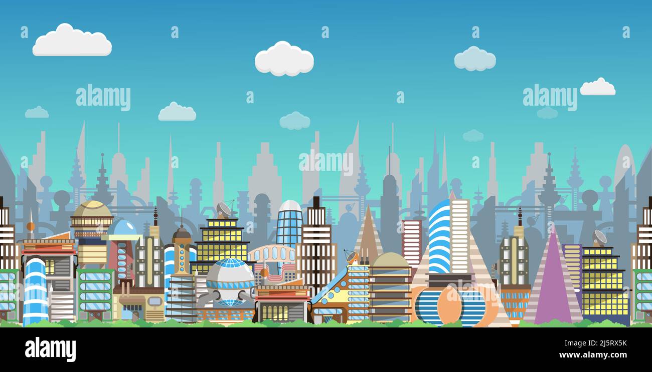 City seamless vector future cityscape with house Stock Vector
