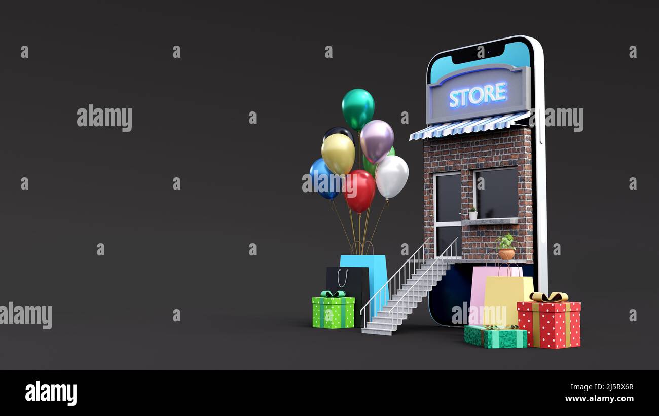 3d online store anniversary sale banner. Displayed on phone screen with gift box, shopping bags and colorful balloons. 3d render. Stock Photo