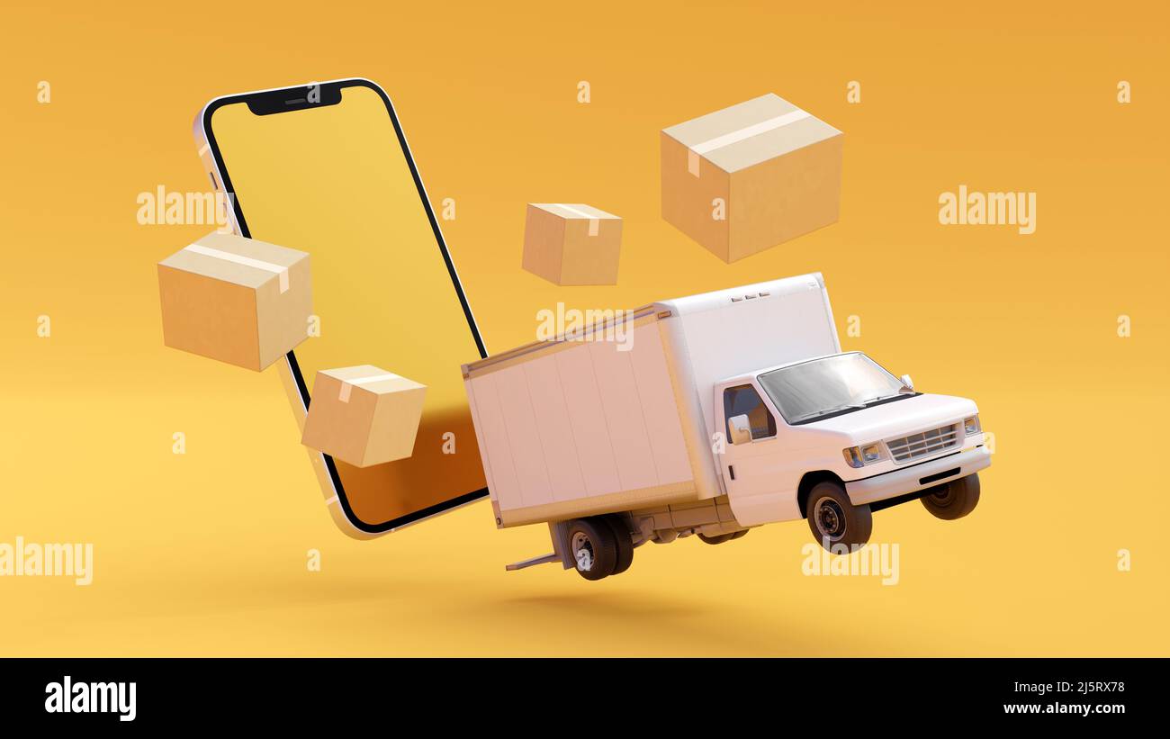 Delivery online tracking isometric banner concept with smartphone, parcel box, truck, pin on blue background. Logistic order delivery service 3d desig Stock Photo