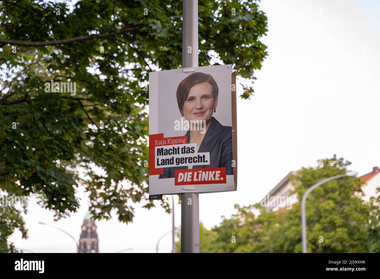 Advertisement poster of the leftist party Die Linke on a street light. Katja Kipping is the top candidate for the Bundestag election. Democracy Stock Photo