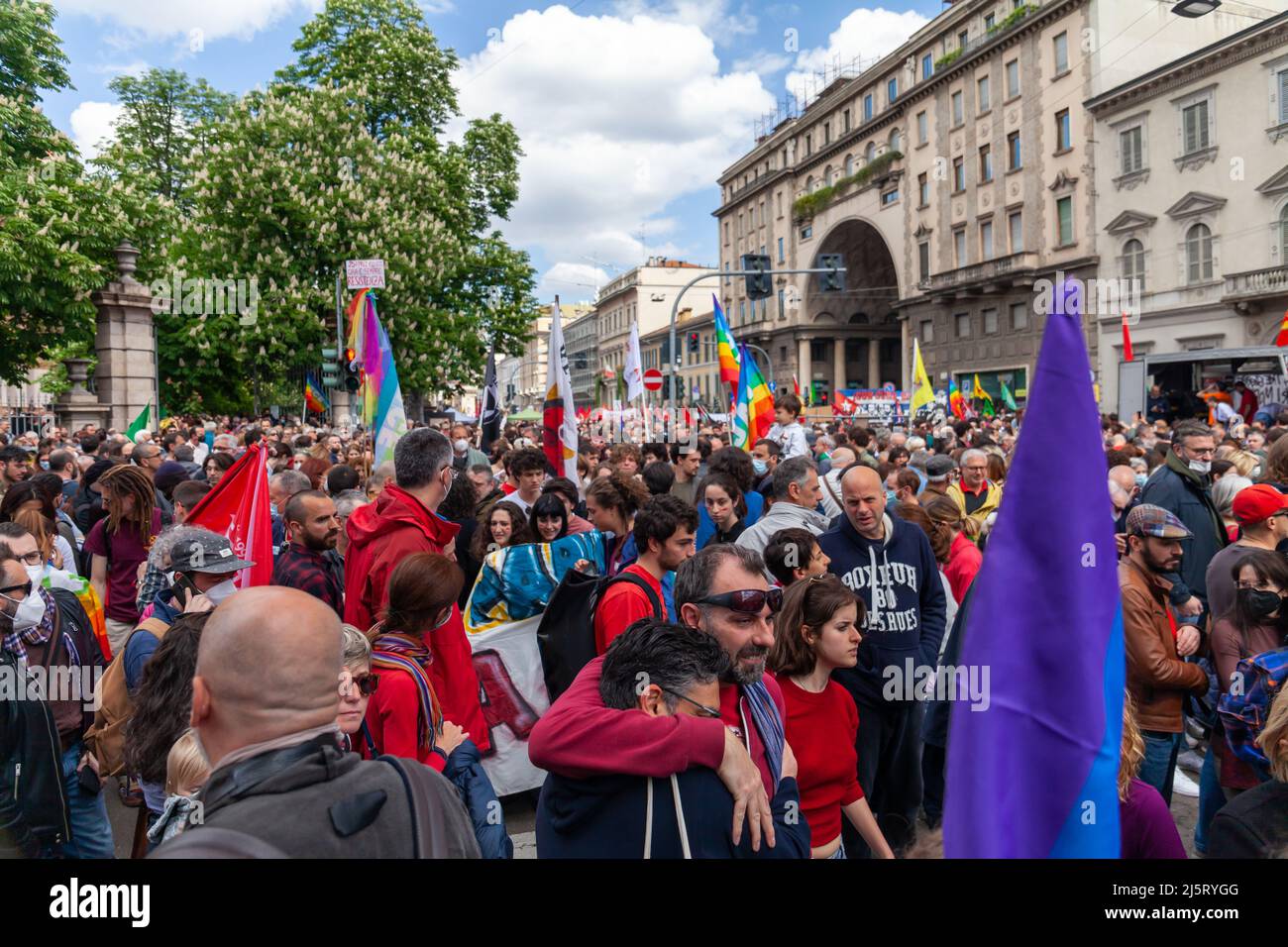 Demonstration for peace, for people's rights, against Russia-Ukraine war. Rainbow flags of peace. April 25th, Milan, Italy. Stock Photo