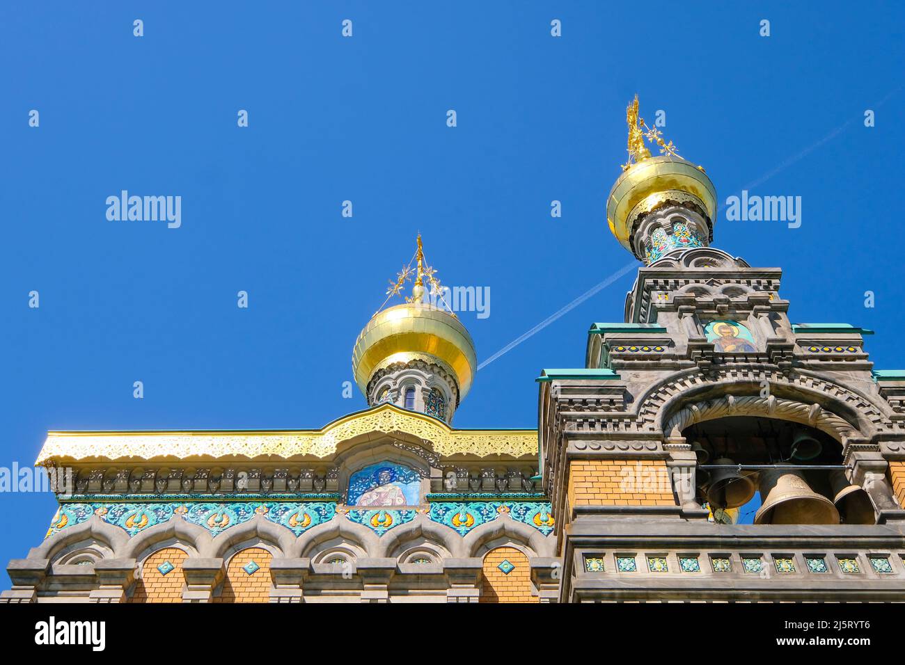 Parts of russion chapel against blue sky at Mathildenhoehe Darmstadt Stock Photo