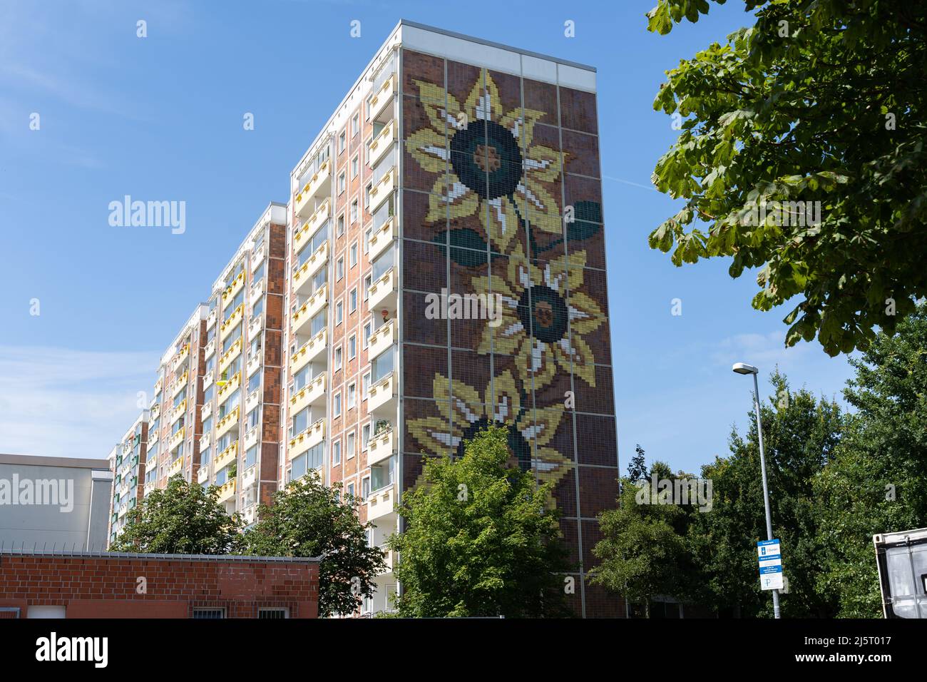 Rostock, Huge residential building in Lichtenhagen. Facade of an old
