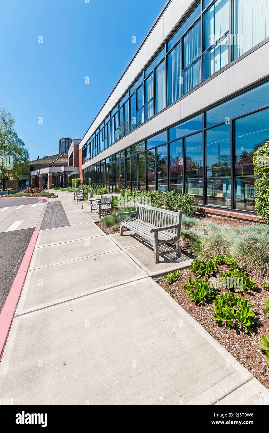 Warner Pacific University campus in Portland, Oregon. Wooden benches