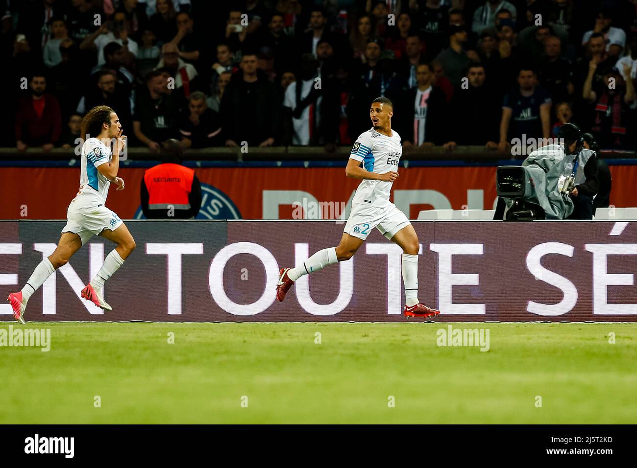 Paris, France - April 17: William Saliba of Marseille (R) celebrates his goal during the Ligue 1 Uber Eats match between Paris Saint-Germain and Olymp Stock Photo