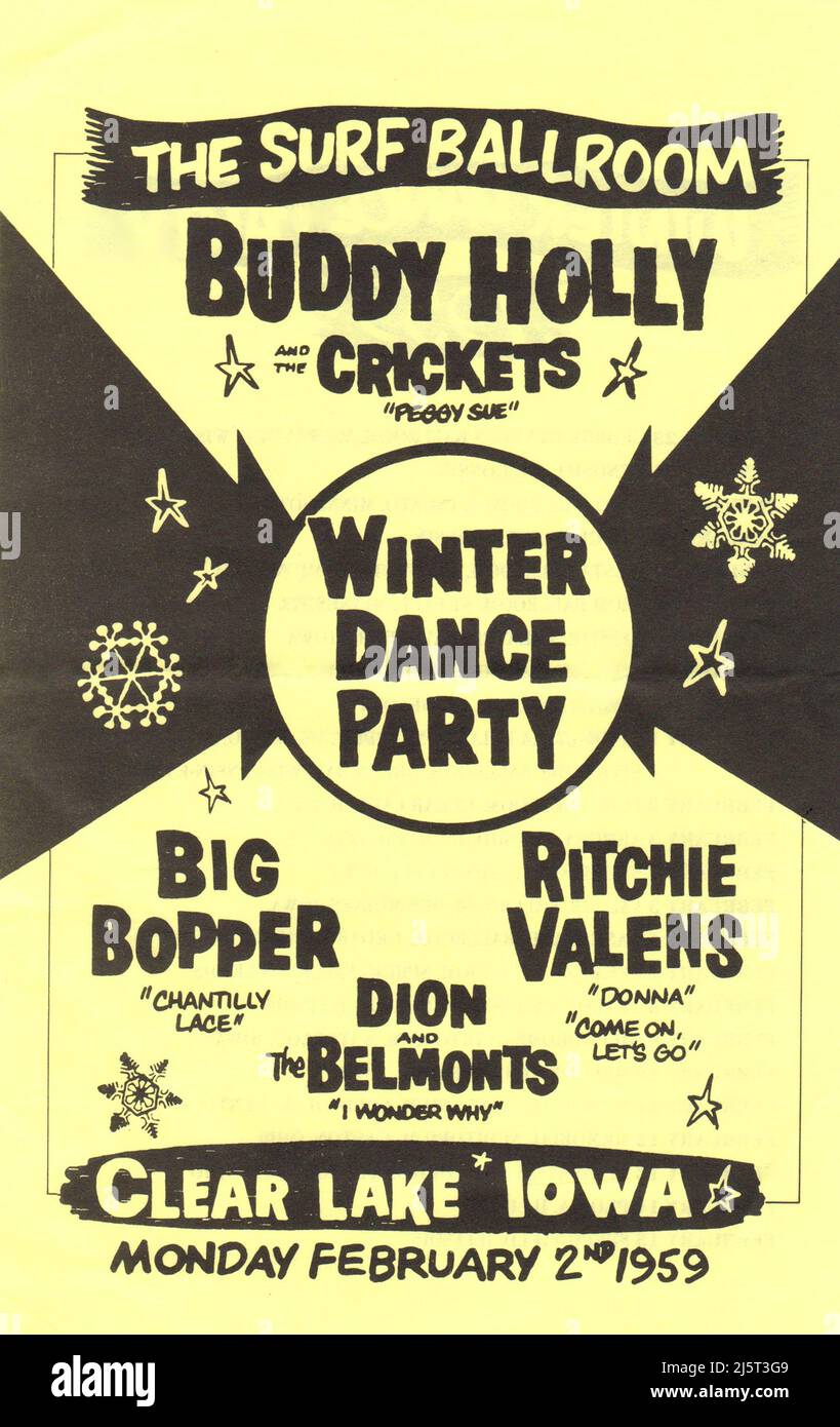 Buddy Holly poster from his final performance in Clear Lake, Iowa, in 1959. Also listed: The Big Bopper and Ritchie Valens.  All perished the next day Stock Photo