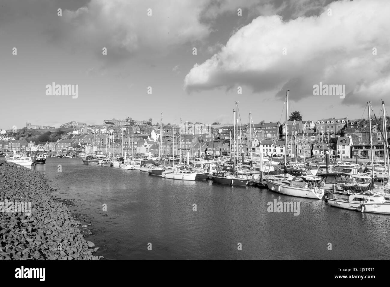 Black and white photo of Whitby marina in North Yorkshire Stock Photo ...