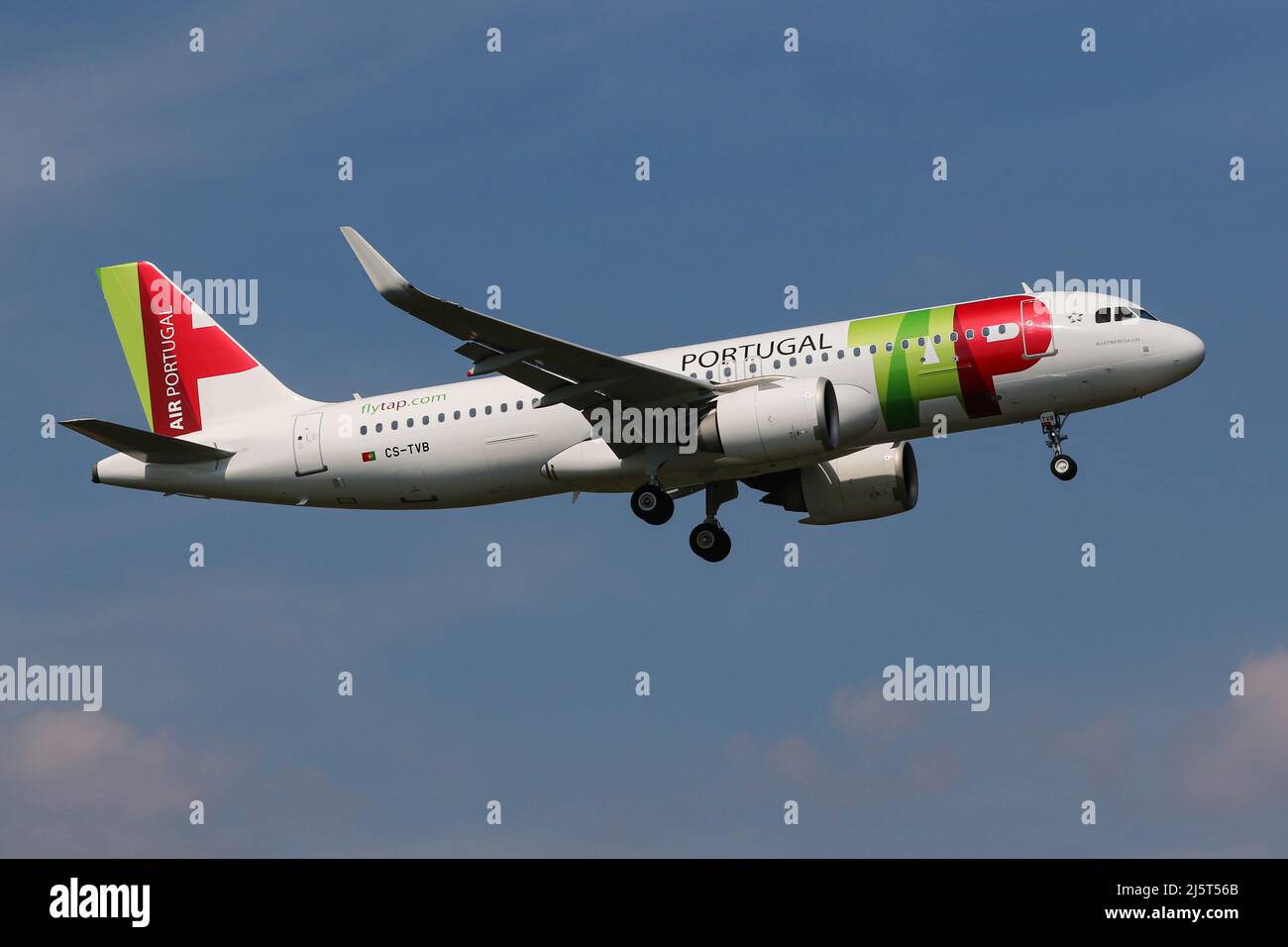 An Airbus A320 NEO operated by TAP Air Portugal arrives at London Heathrow Airport Stock Photo