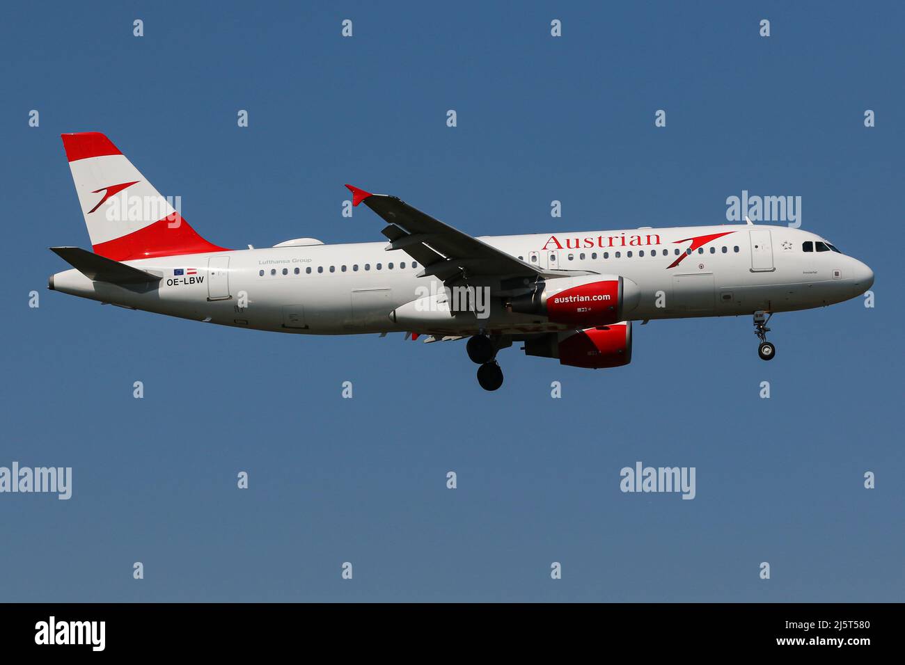 An Airbus A320 operated by Austrian Airlines arrives at London Heathrow Airport Stock Photo