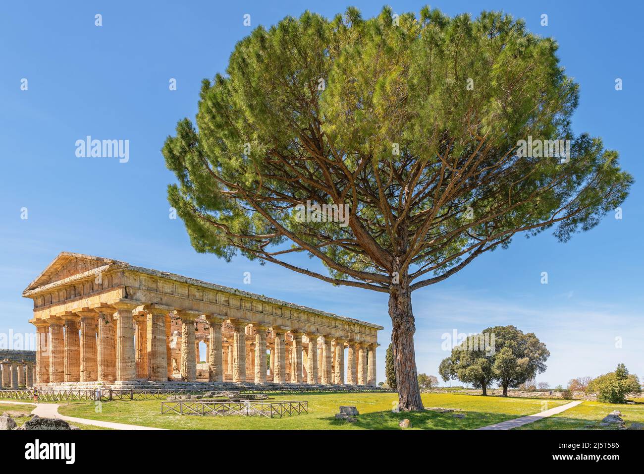 Paestum, Italy; April 18, 2022 - The Temple of Hera at Paestum, which contains some of the most well-preserved ancient Greek temples in the world. Stock Photo