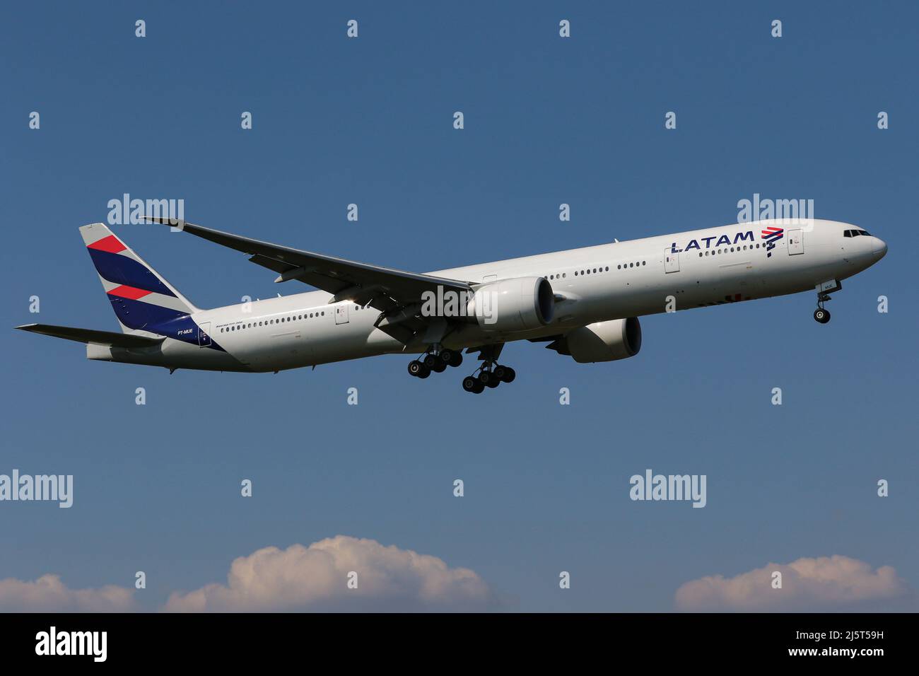 A Boeing 777 operated by LATAM Airlines arrives at London Heathrow Airport Stock Photo