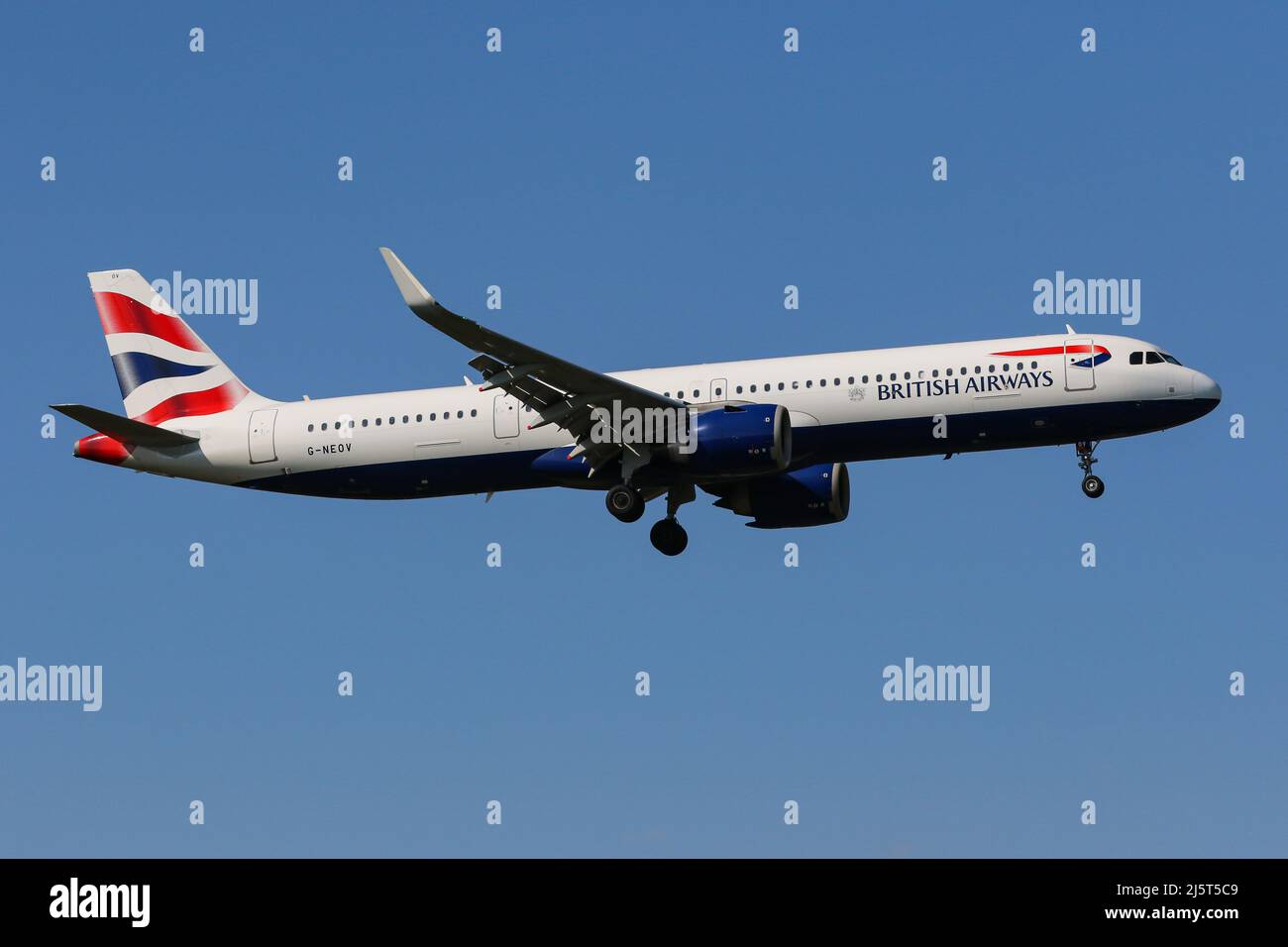 An Airbus A321 NEO operated by British Airways arrives at London Heathrow Airport Stock Photo