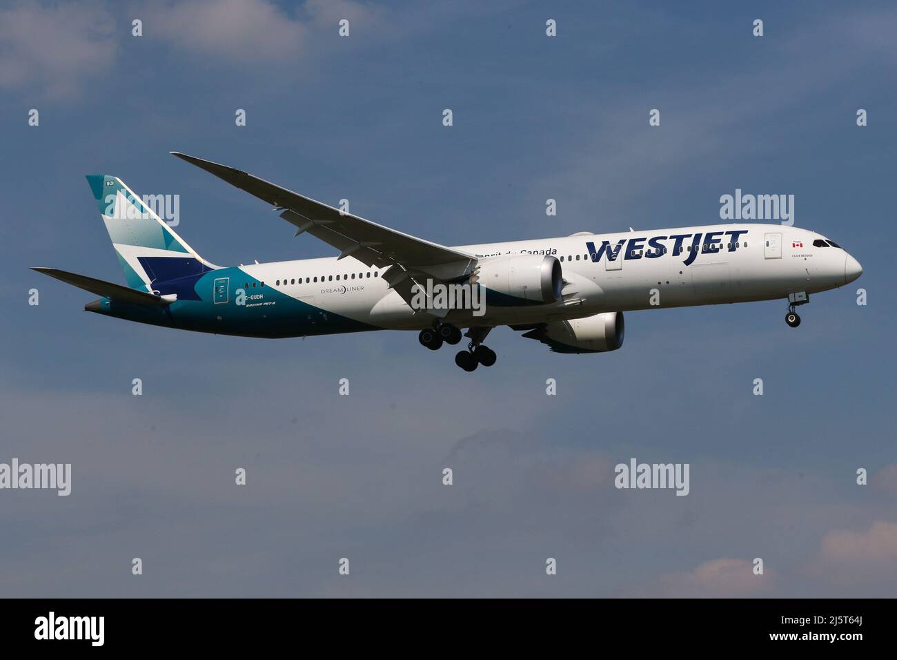 A Boeing 787 operated by WestJet arrives at London Heathrow Airport