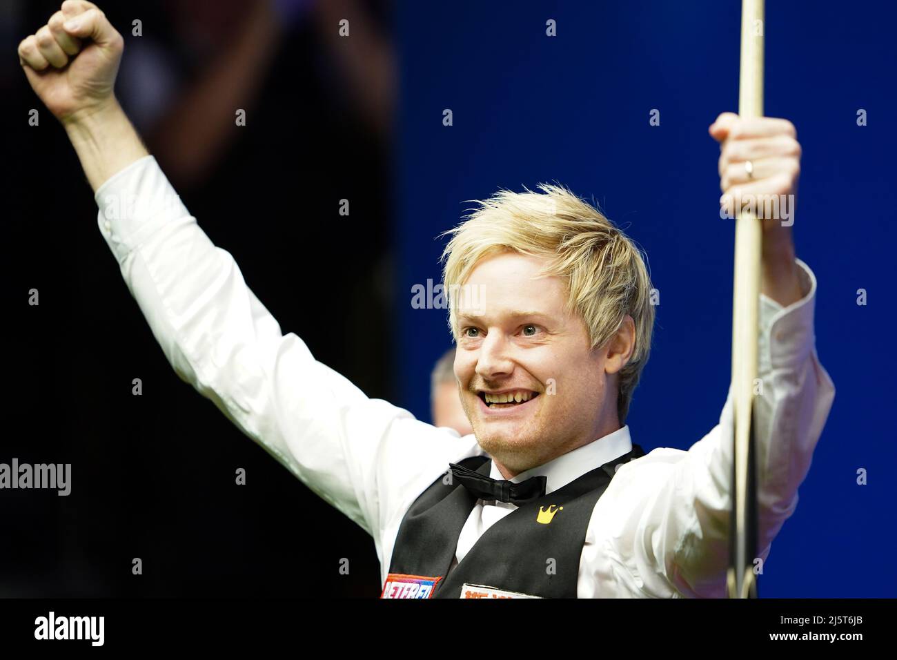 Australias Neil Robertson celebrates making a 147 against Englands Jack Lisowski during day ten of the Betfred World Snooker Championships at The Crucible, Sheffield