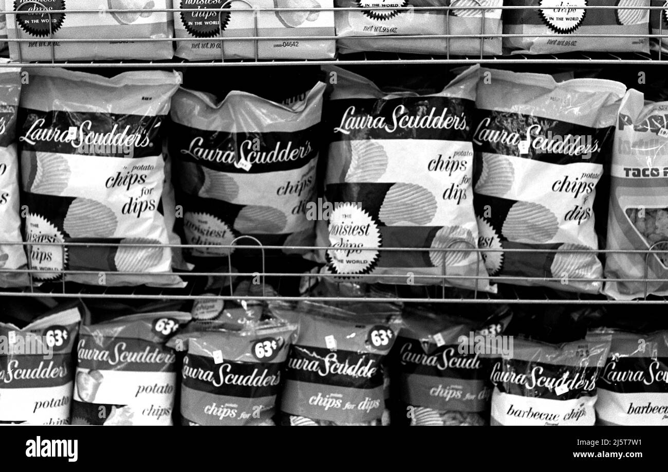 Laura Scudder's Potato Chips displayed on shelves in a supermarket. Stock Photo