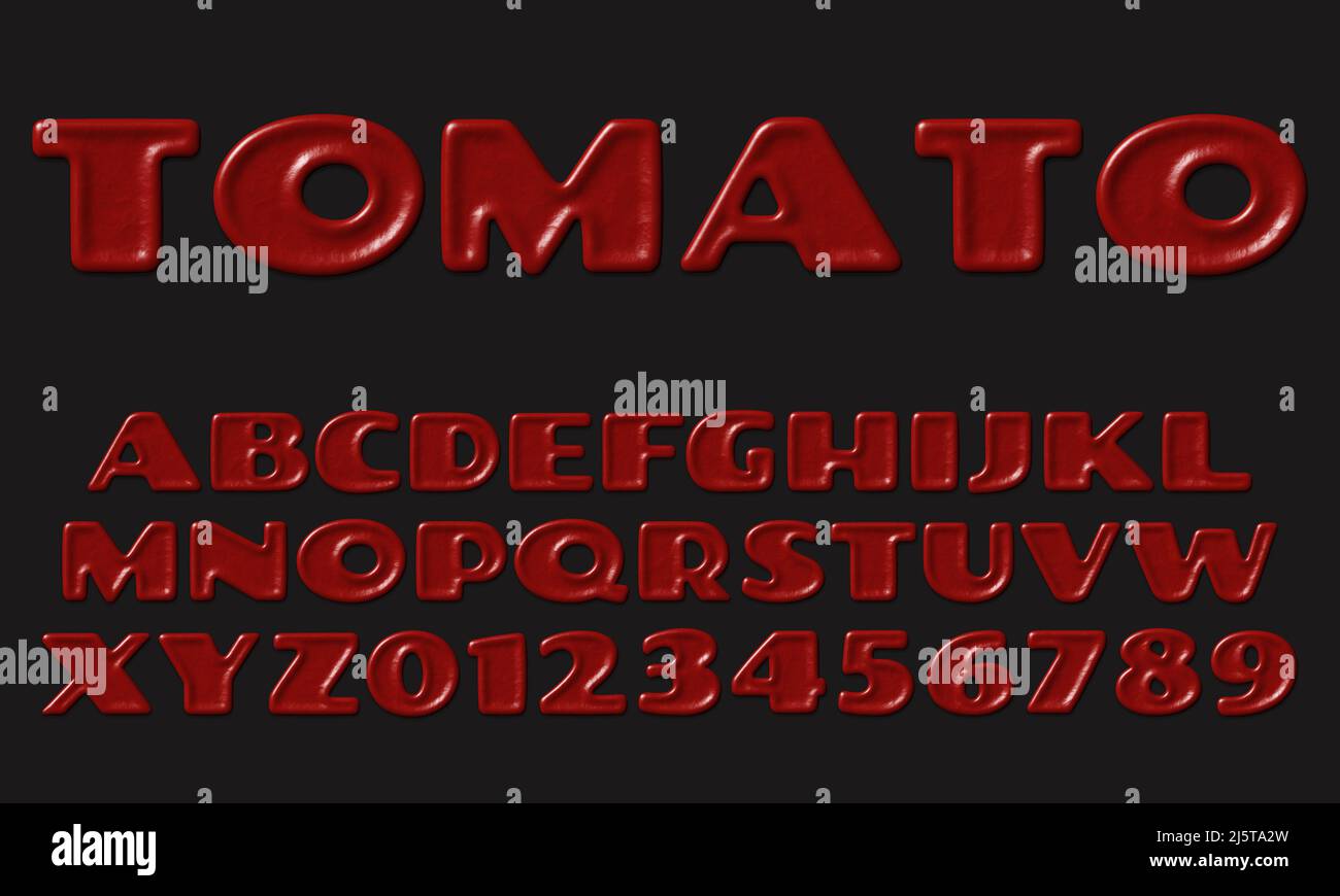 Red glossy tomato alphabet with capital letters and numbers, ketchup or
