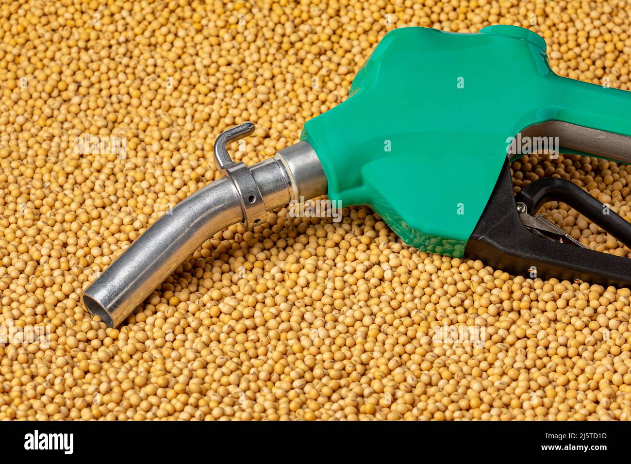Diesel fuel nozzle and soybeans. Biodiesel, biofuel, agriculture and renewable clean energy concept. Stock Photo