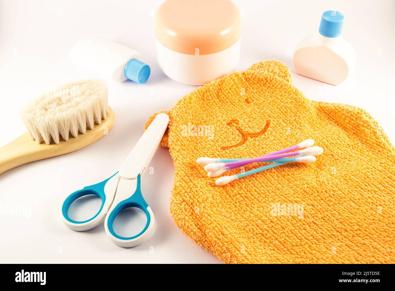 Baby care accessories for bathroom on white background Stock Photo Alamy