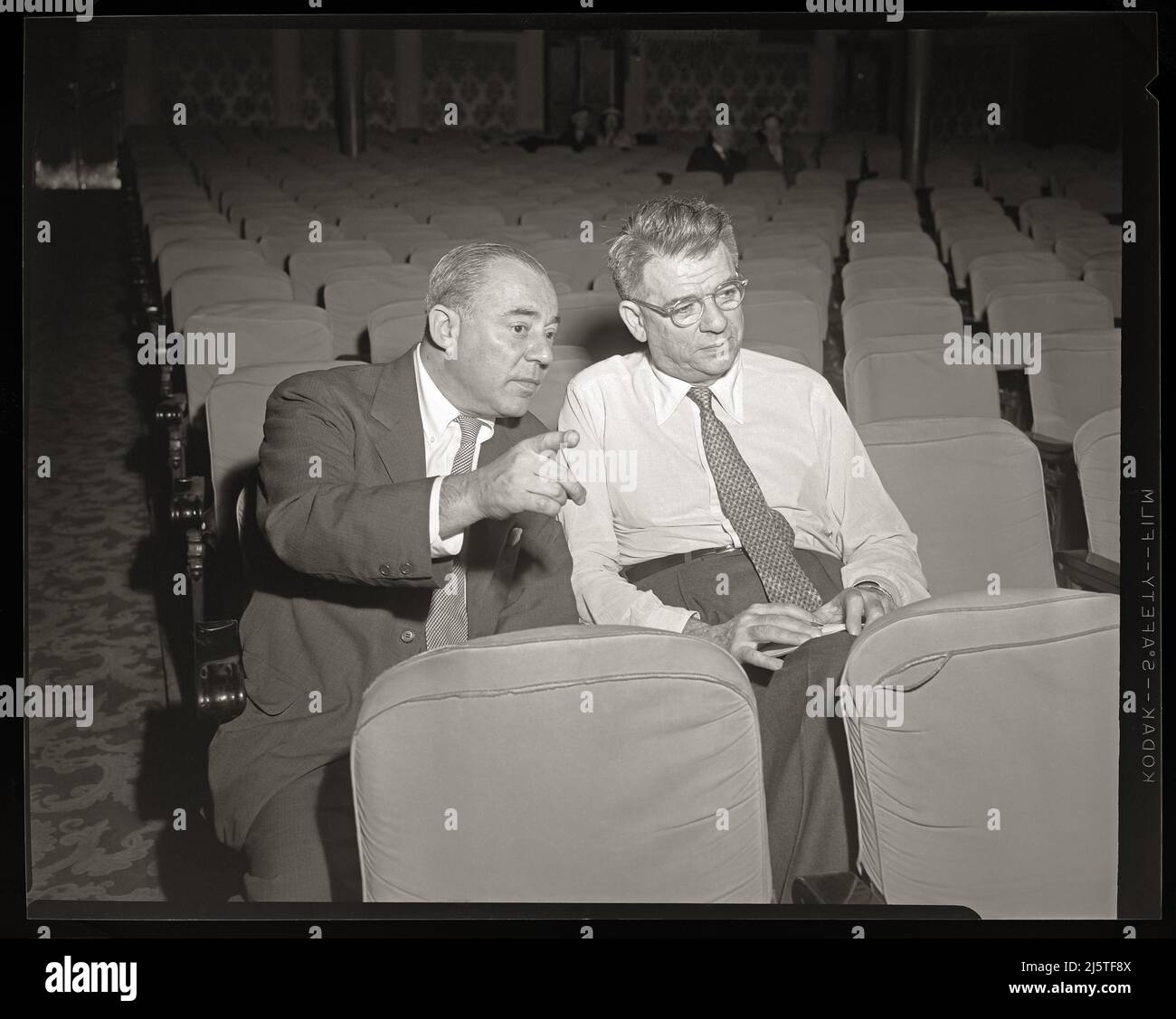 The team of composer Richard Rodgers (left) and lyricist Oscar Hammerstein (right), at dress rehearsal for “Me and Juliet’, Shubert Theater, Chicago, Illinois  April 7, 1954. Image from 4x5 inch negative. Stock Photo