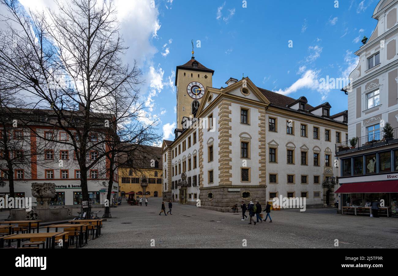Kohlenmarkt with Town Hall of Regensburg Stock Photo