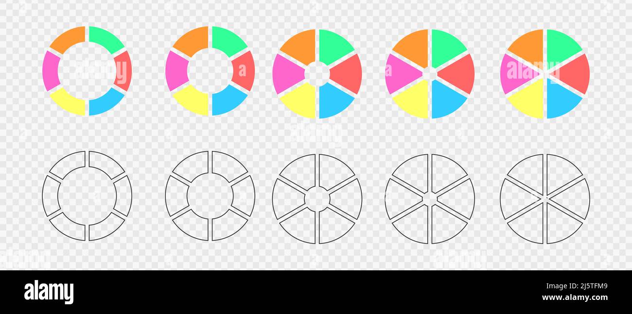 Set of donut charts segmented on 6 equal parts. Infographic wheels divided in six colored and graphic sections. Circle diagrams or loading bars. Vector flat and outline illustration. Stock Vector
