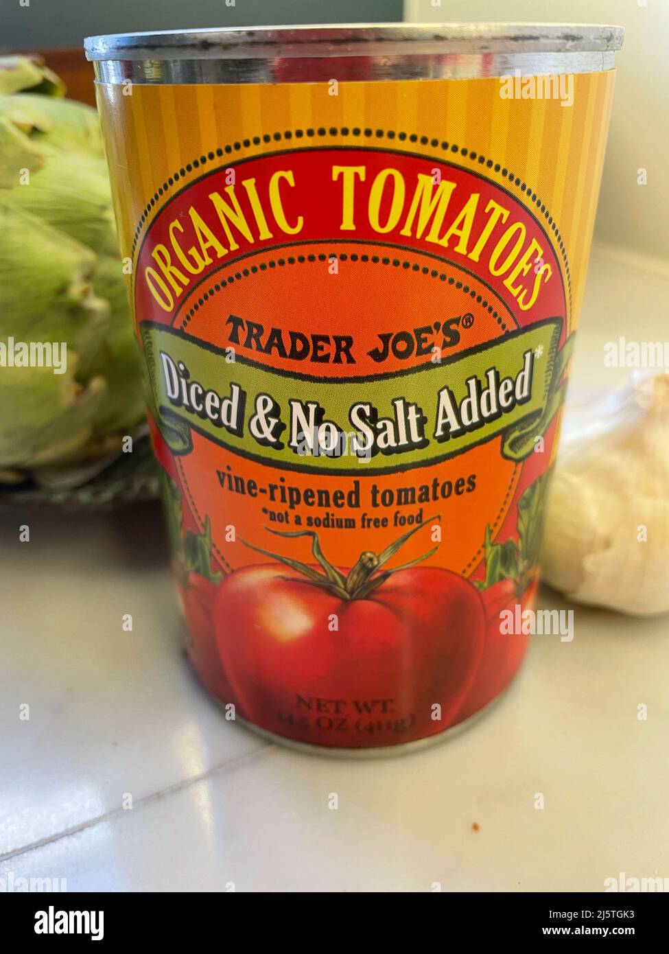 Can of Trader Joe's Diced Tomatoes on a Kitchen Counter, 2022, USA Stock Photo