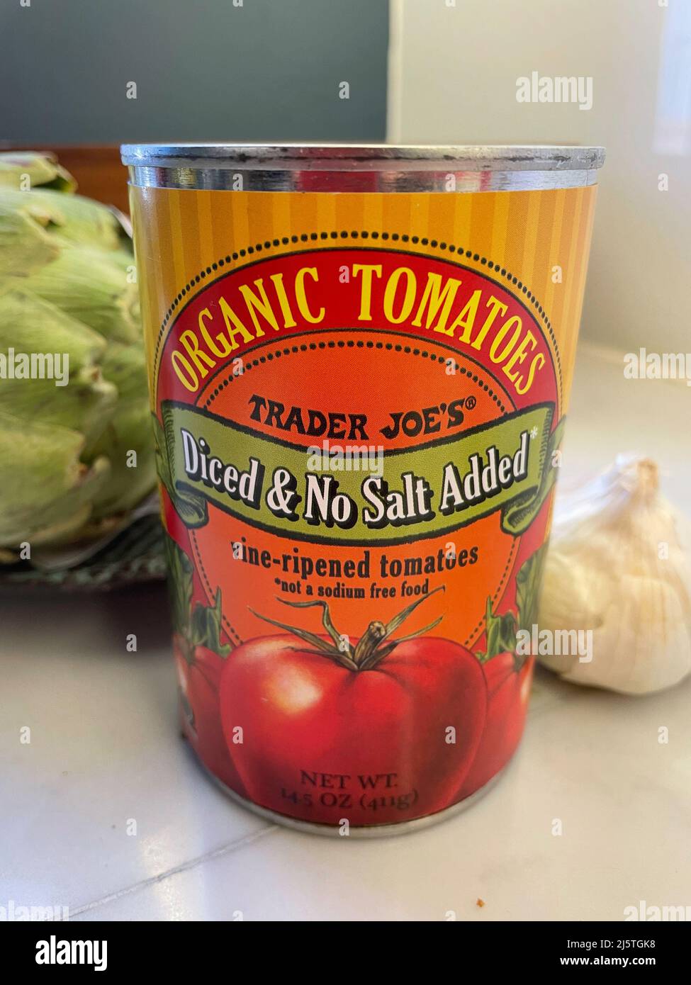 Can of Trader Joe's Diced Tomatoes on a Kitchen Counter, 2022, USA Stock Photo