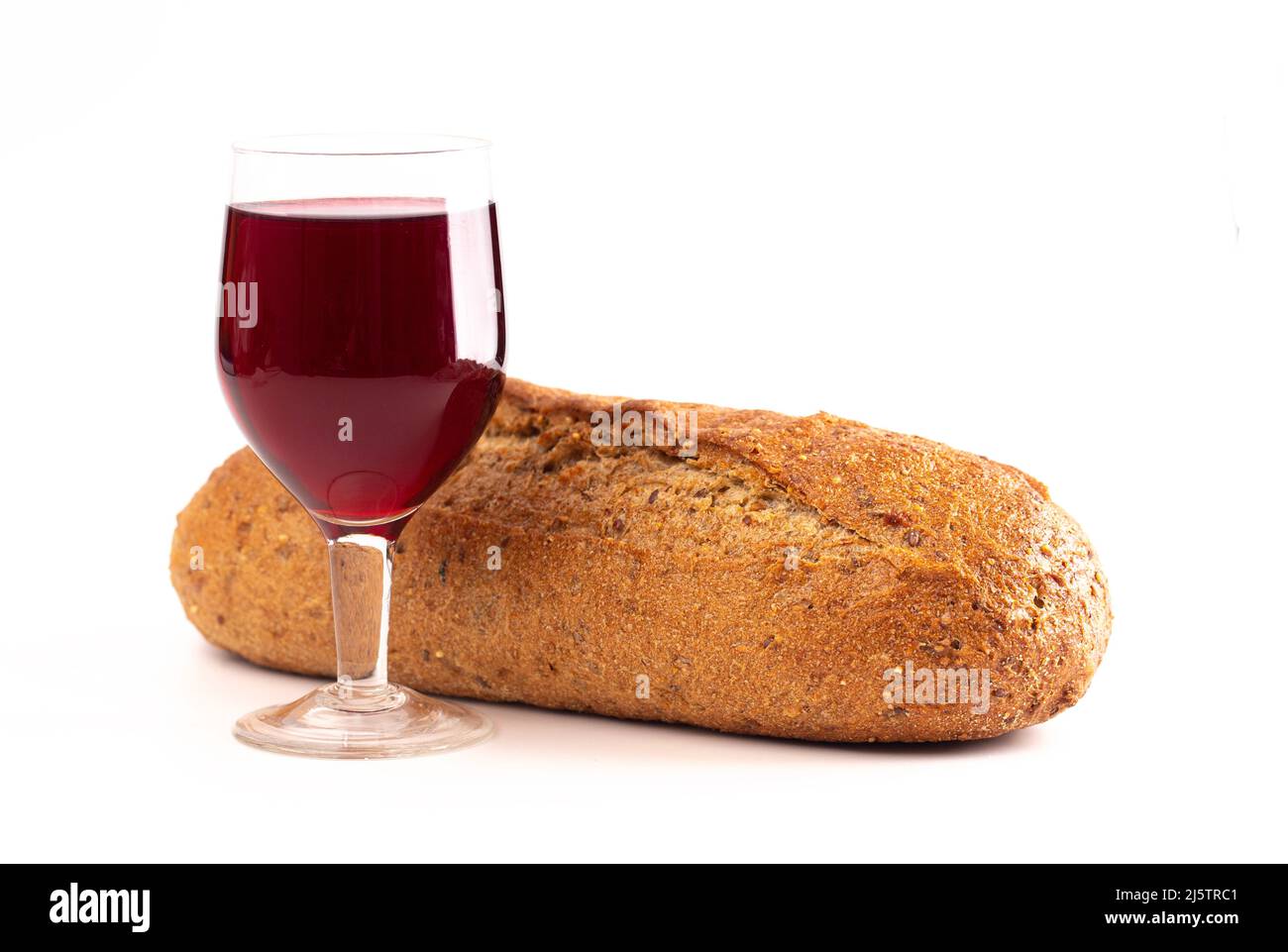 Bread and Wine for Holy Communion Isolated on a White Background Stock Photo