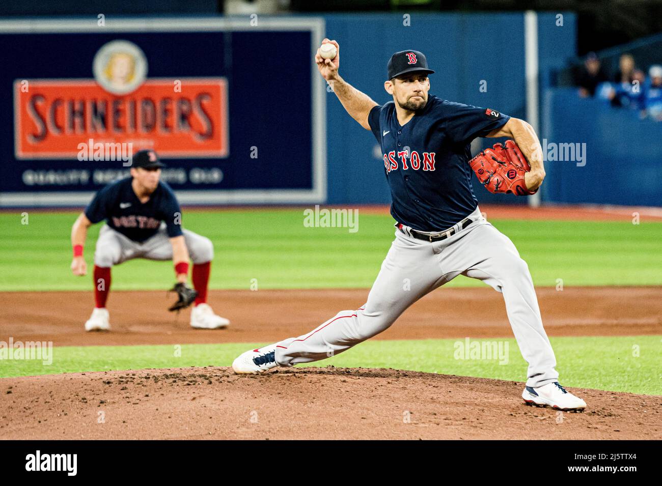 April 25, 2022, TORONTO, ON, CANADA: Boston Red Sox starting pitcher Nathan  Eovaldi (17) throws the ball during first inning MLB baseball action  against the Toronto Blue Jays, in Toronto, Monday, April