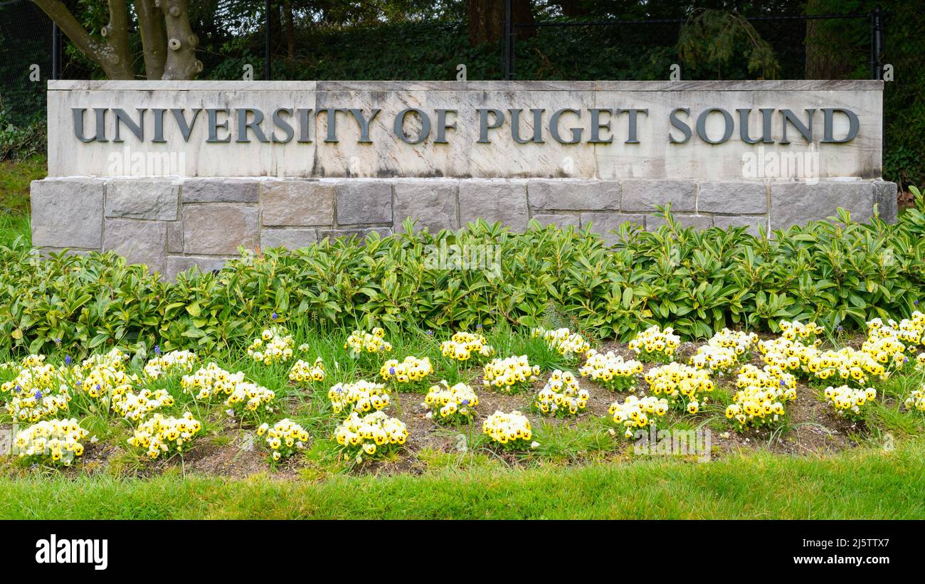 Tacoma, WA, USA - April 23, 2022; Stone sign with spring flowers at the University of Puget Sound. Stock Photo