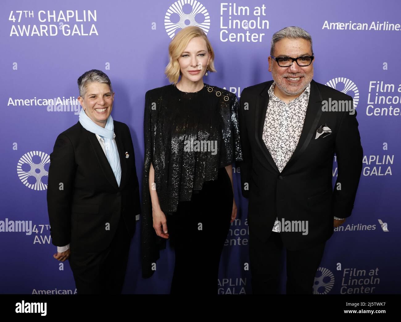 New York, United States. 25th Apr, 2022. FLC President Lesli Klainberg, Actress Cate Blanchett and Senior Vice President of FLC and Executive Director of the New York Film Festival Eugene Hernandez arrive on the red carpet at the 47th Chaplin Award Gala honoring Cate Blanchett at Alice Tully Hall, Lincoln Center in New York City on Monday, April 25, 2022. Photo by John Angelillo/UPI Credit: UPI/Alamy Live News Stock Photo