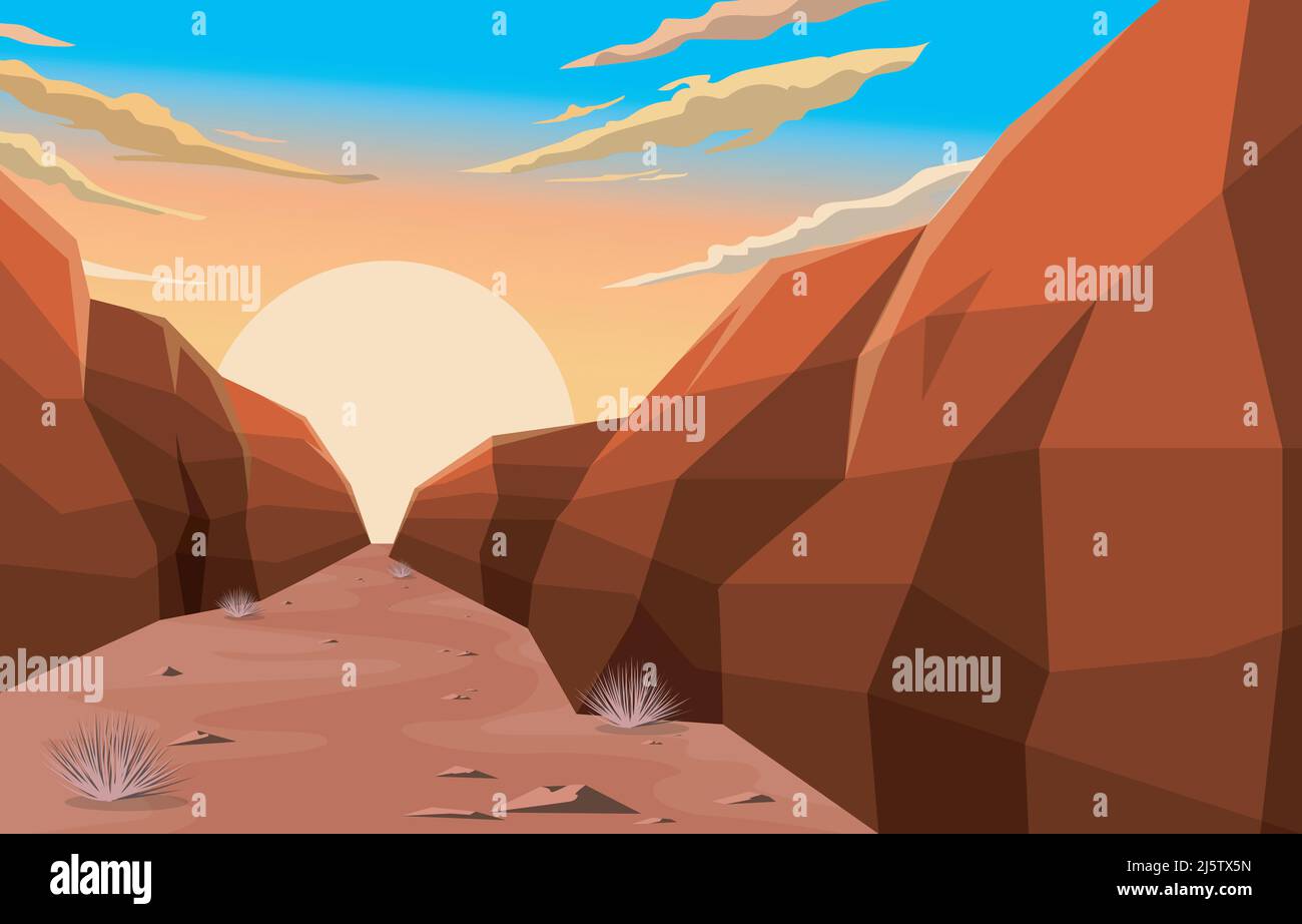Sunrise in Western American Rock Cliff Vast Desert Landscape Illustration Stock Vector