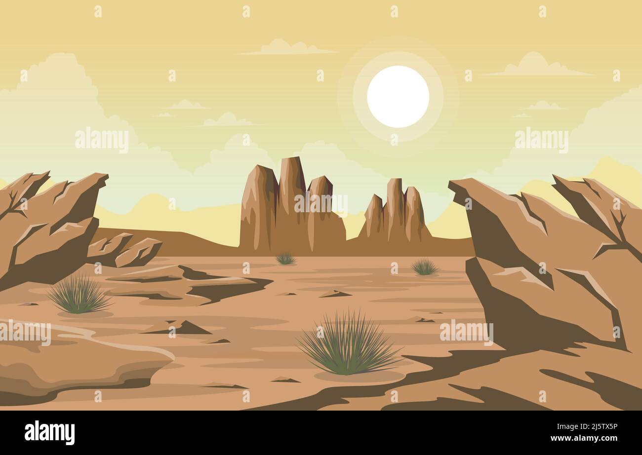Bright Sun Western American Rock Cliff Vast Desert Landscape Illustration Stock Vector