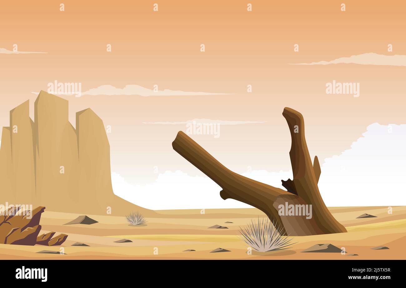 Horizon Sky Western American Dead Tree Vast Desert Landscape Illustration Stock Vector