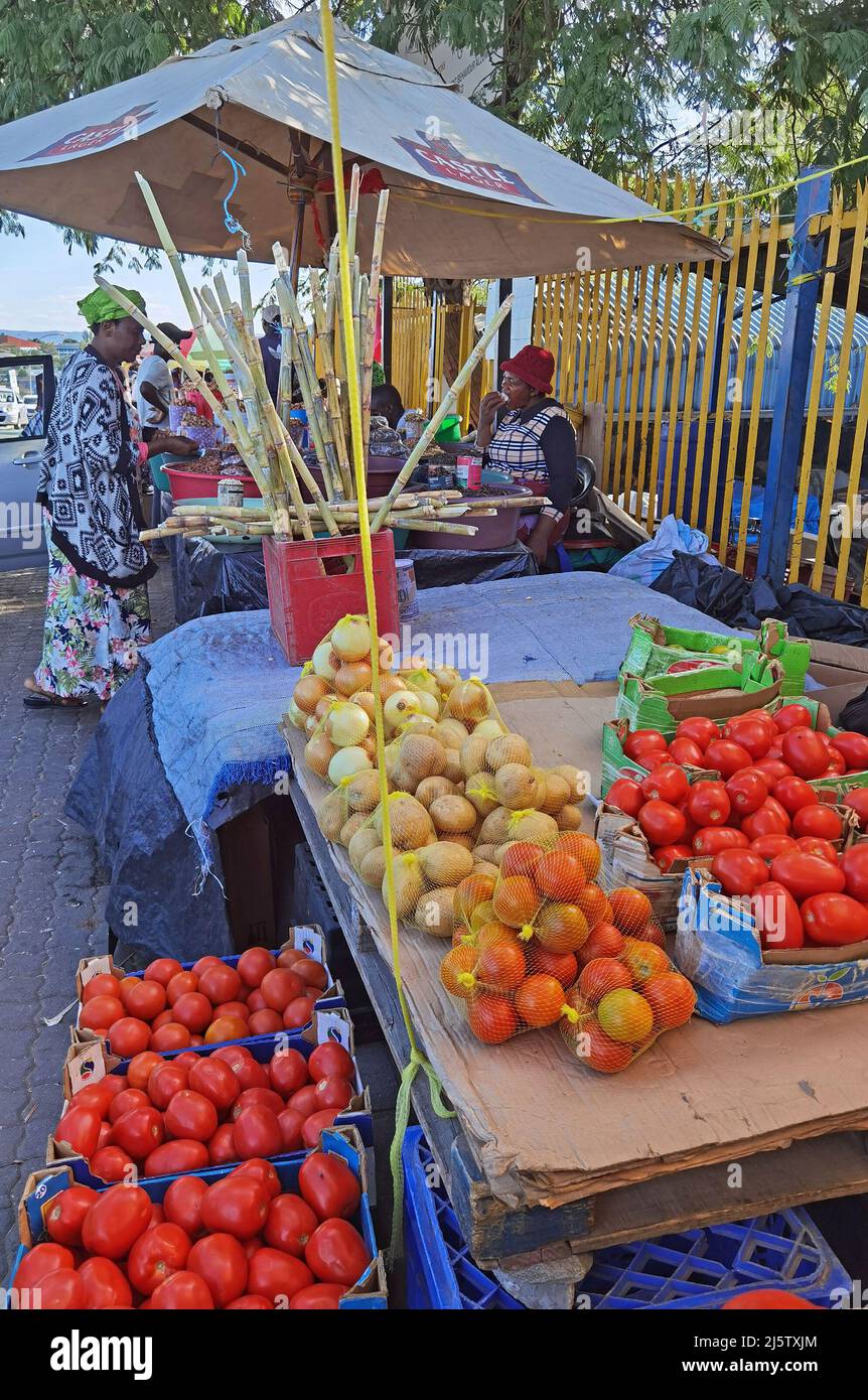 Windhoek, Namibia. 24th Apr, 2022. People sell fresh produce and vegetables at a local market in Windhoek, capital of Namibia, on April 24, 2022. Inflation is weighing on many informal traders in Namibia, bruising their earnings. Namibia's annual inflation rate for the month of March reached 4.5 percent, up from 3.1 percent recorded in same month last year. Credit: Ndalimpinga Iita/Xinhua/Alamy Live News Stock Photo