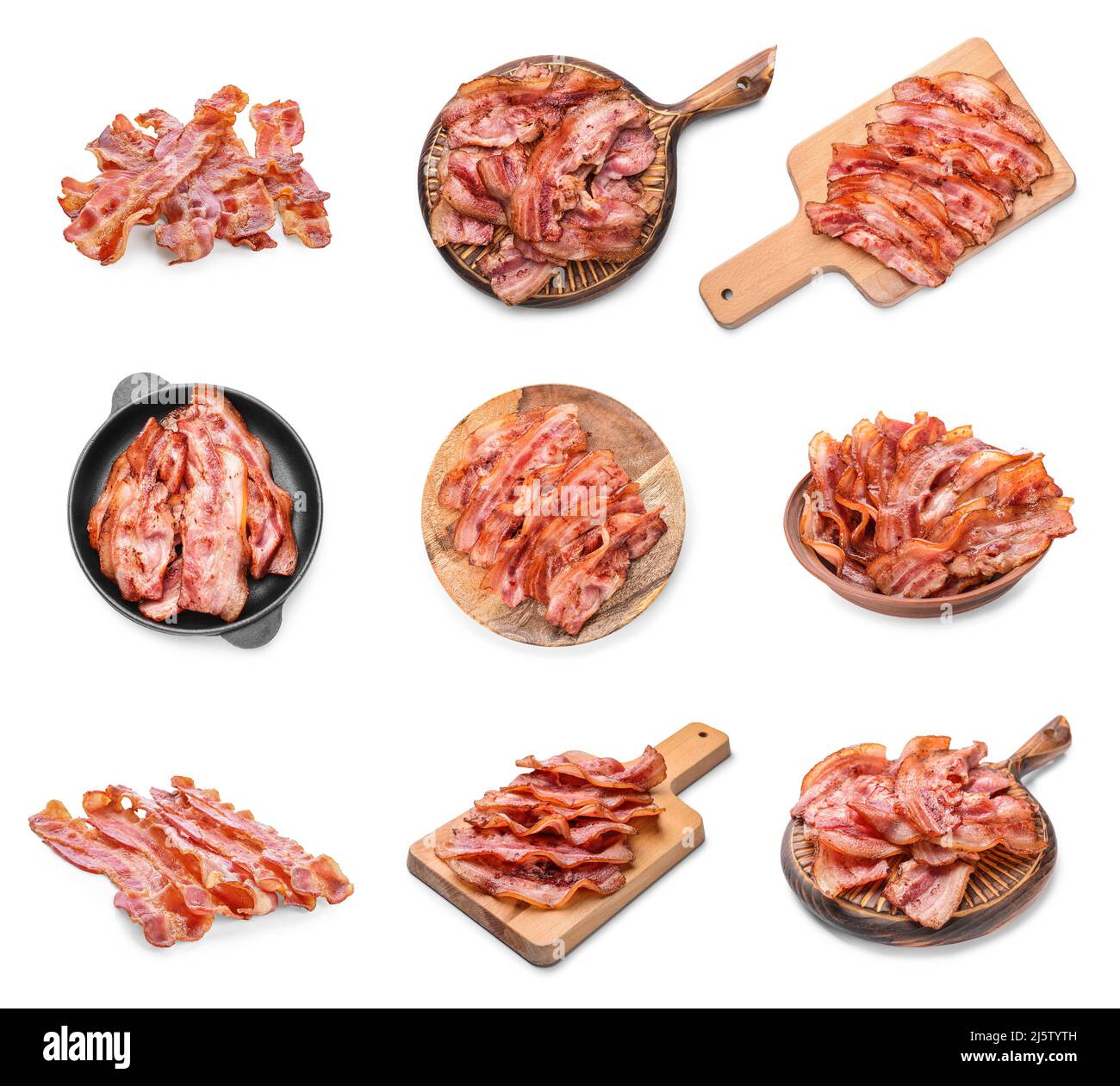 Set of fried bacon rashers on white background Stock Photo - Alamy