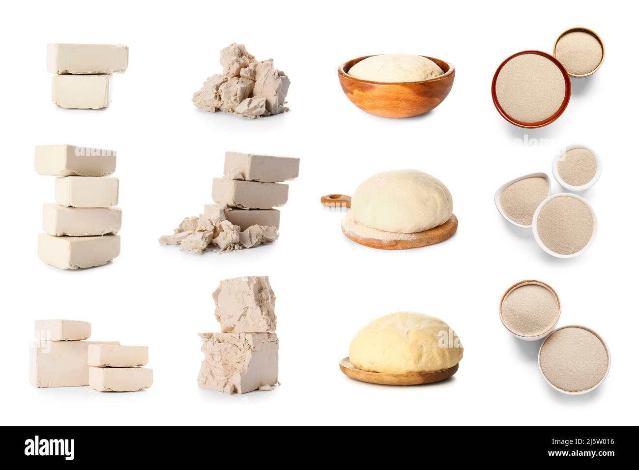 Set of dry and compressed yeast on white background Stock Photo