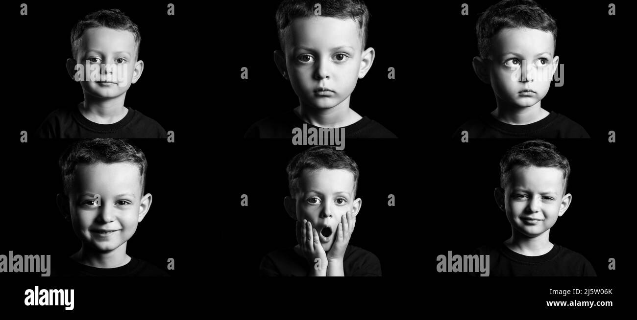 Set of little boy showing different emotions on black background Stock Photo
