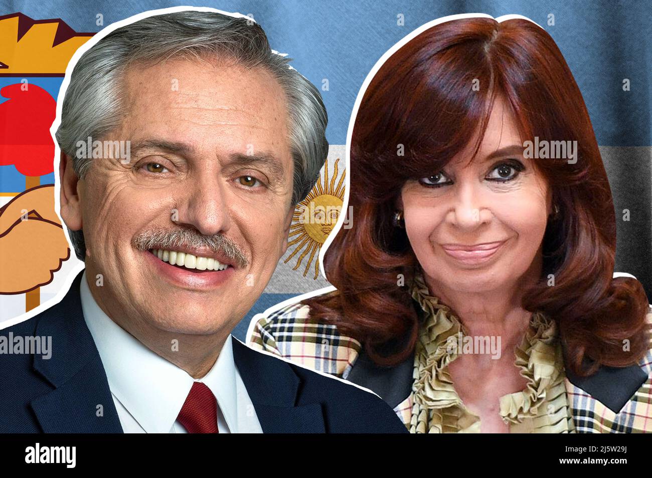 Alberto Fernández, Cristina Fernández de Kirchner, flag of Argentina and coat of arms of the Justicialist Party Stock Photo