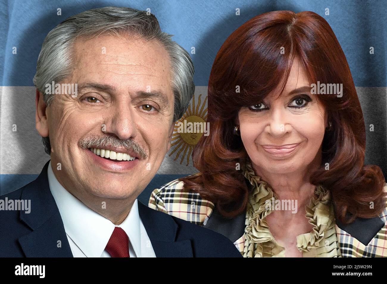 Alberto Fernández, Cristina Fernández de Kirchner and the flag of Argentina Stock Photo
