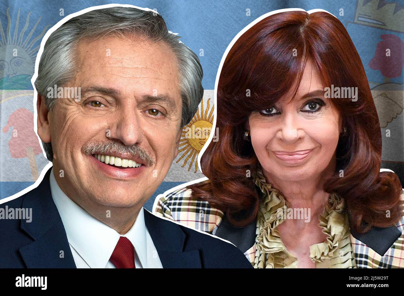 Alberto Fernández, Cristina Fernández de Kirchner, flag of Argentina, coat of arms of Argentina and coat of arms of the Justicialist Party Stock Photo